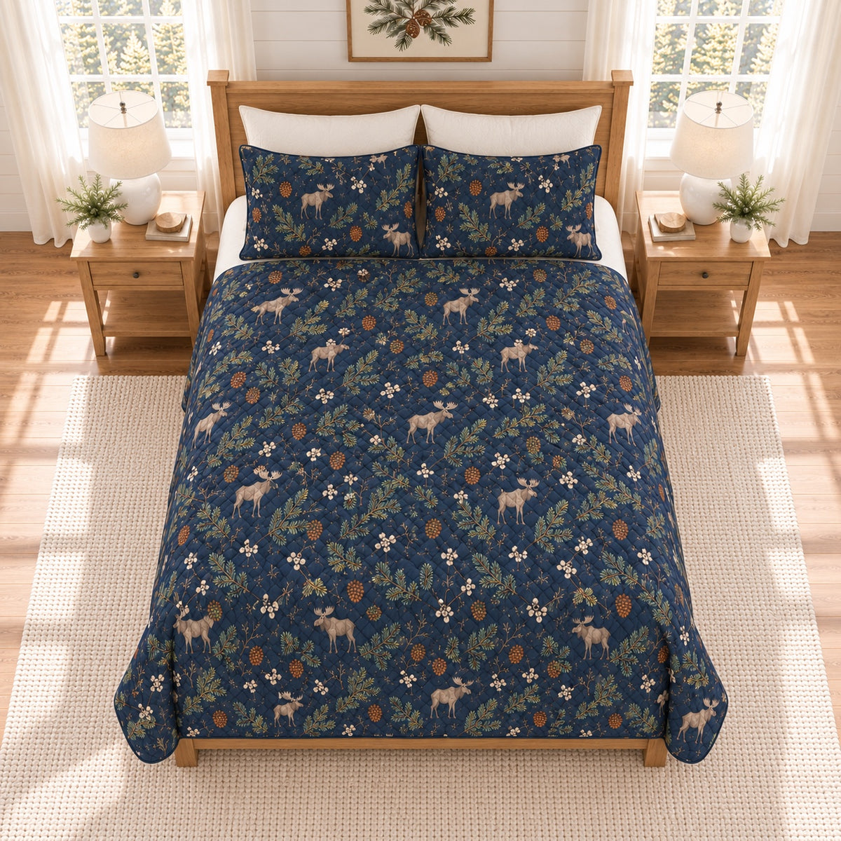 Smoky navy moose and pinecone quilt set elevated overhead view