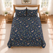 Smoky navy moose and pinecone quilt set elevated overhead view