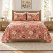 Soft coral butterfly and peony quilt set front view