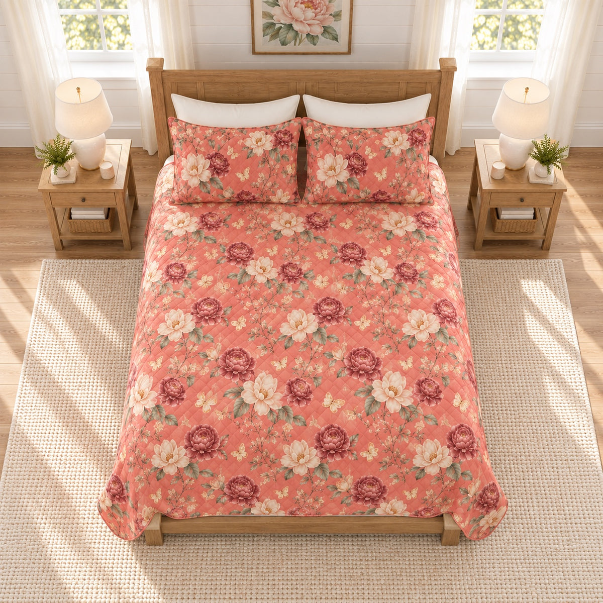Soft coral butterfly and peony quilt set overhead view