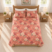 Soft coral butterfly and peony quilt set overhead view