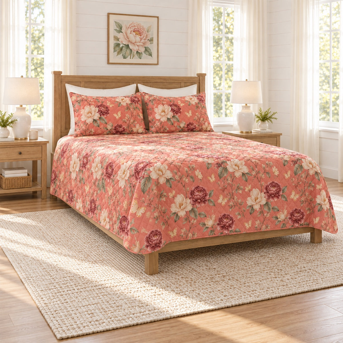 Soft coral butterfly and peony quilt set left angle