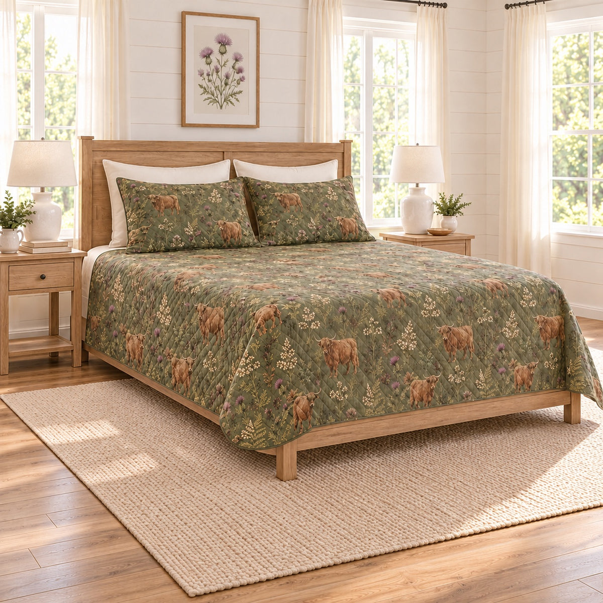 Muted olive Highland cow and thistle quilt set left angle