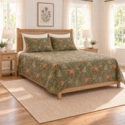 Muted olive Highland cow and thistle quilt set left angle