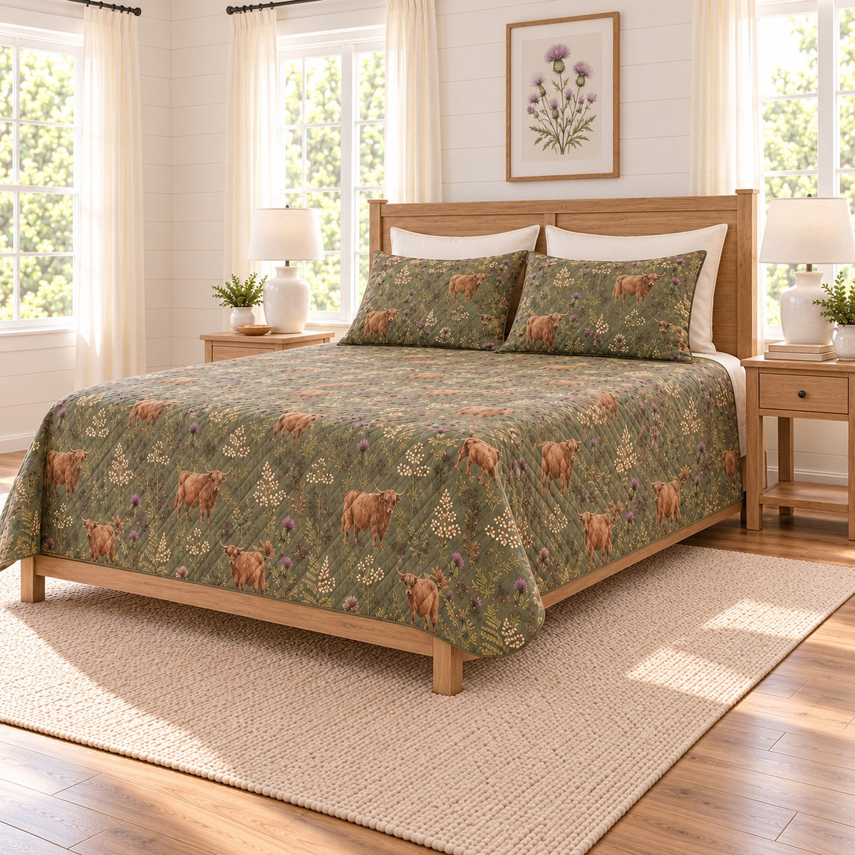 Muted olive Highland cow and thistle quilt set right angle
