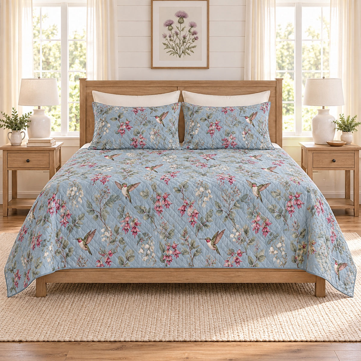 Dusty blue hummingbird and fuchsia quilt set front view