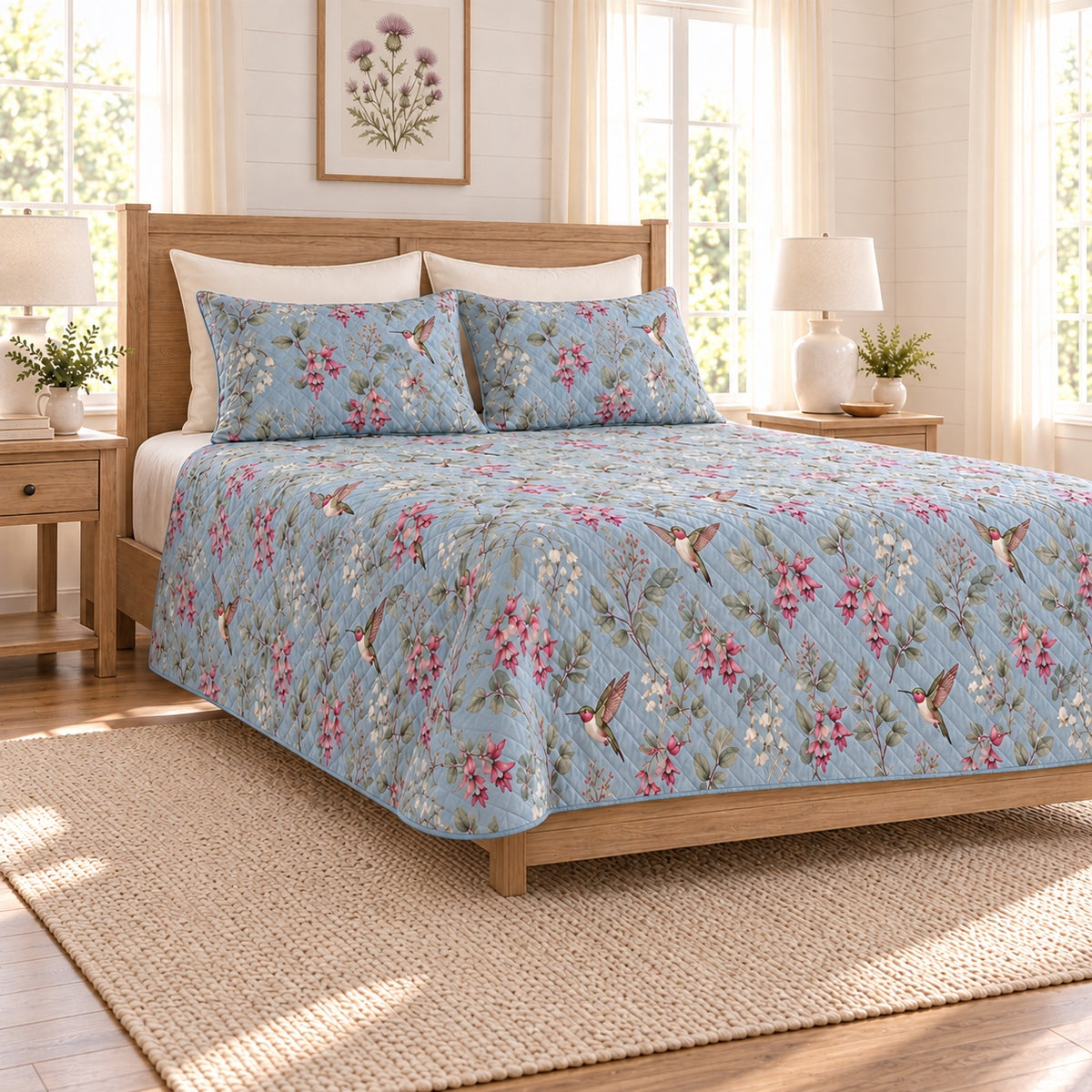 Dusty blue hummingbird and fuchsia quilt set left angle