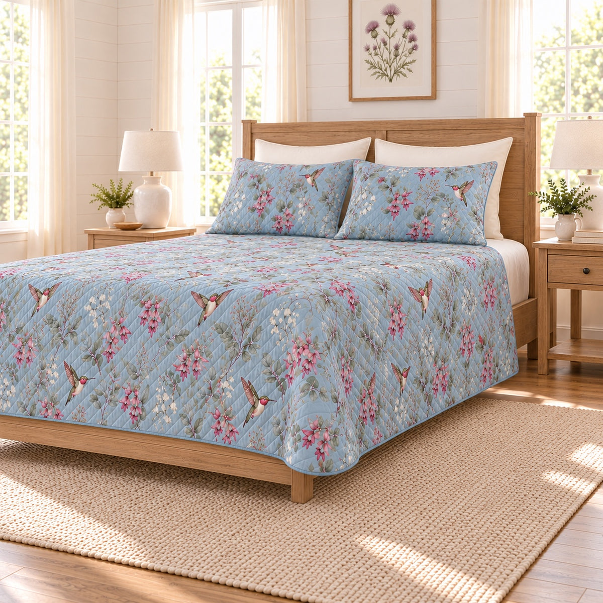 Dusty blue hummingbird and fuchsia quilt set right angle