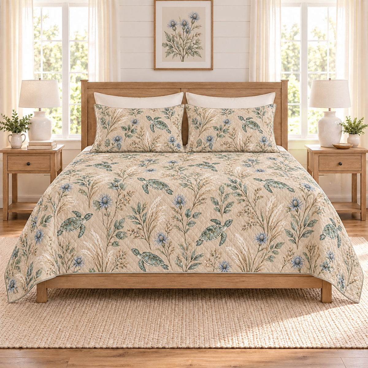 Warm sand sea turtle and sea holly quilt set front view