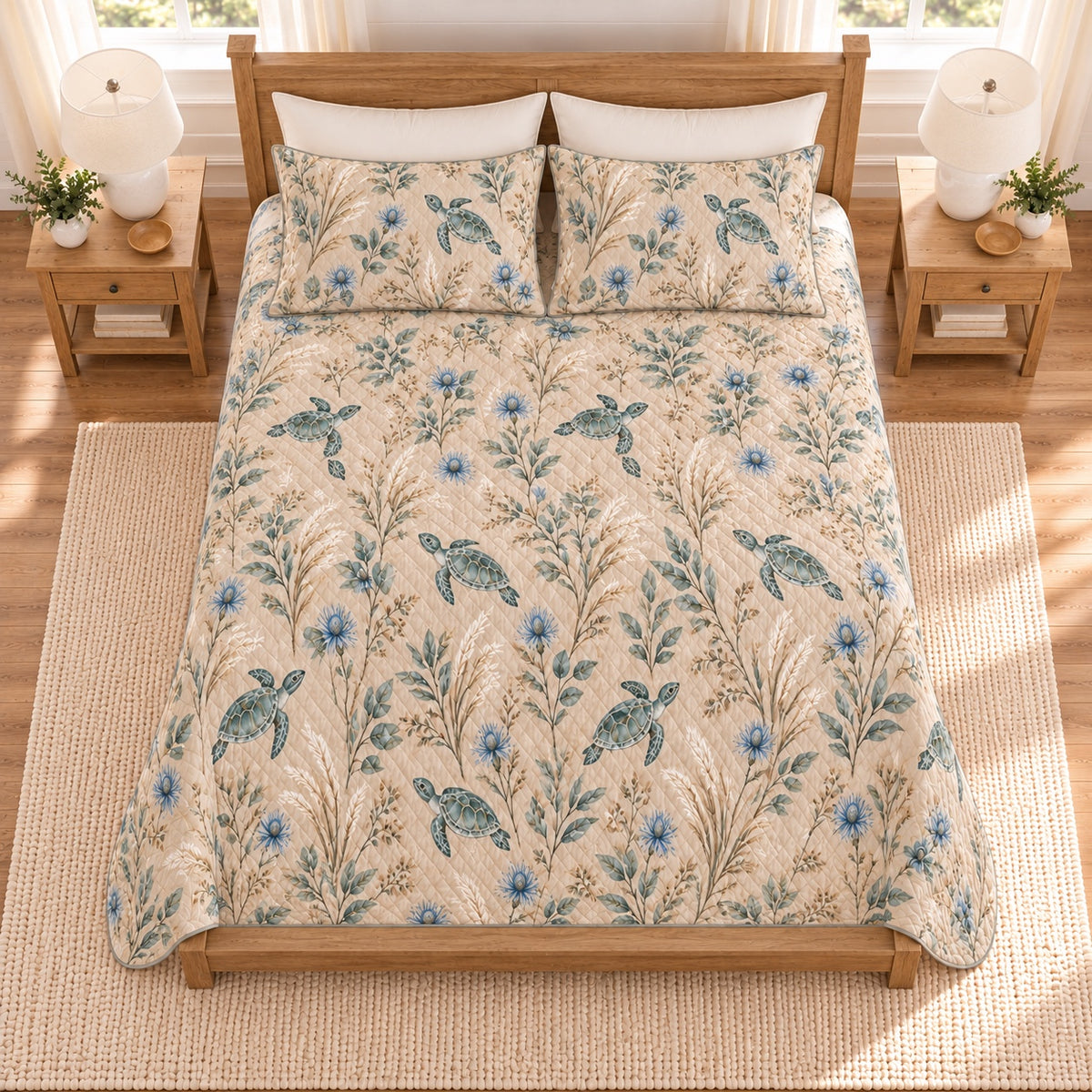 Warm sand sea turtle and sea holly quilt set overhead view