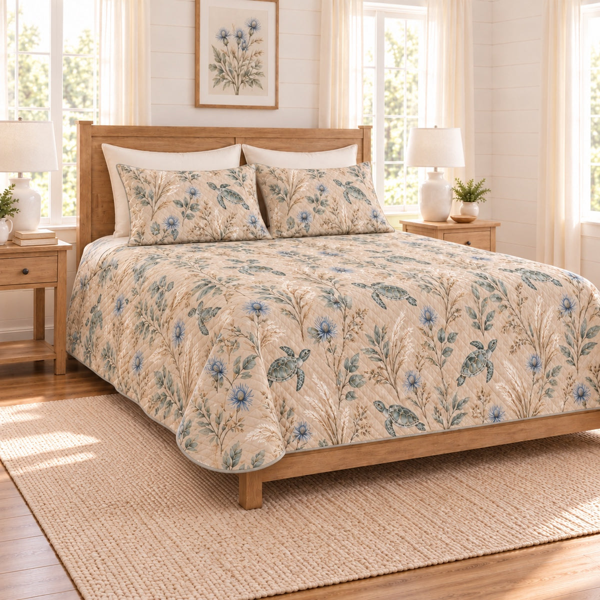 Warm sand sea turtle and sea holly quilt set left angle