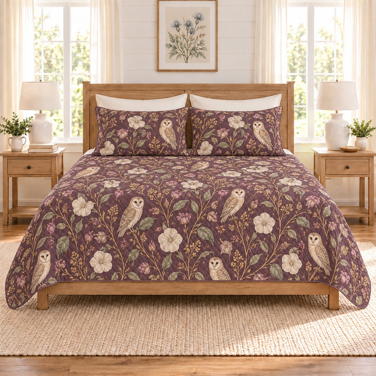 Muted plum barn owl and moonflower quilt set front view