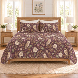 Muted Plum Barn Owl & Moonflower Quilt Set, Gift for Owl and Moonflower Lovers