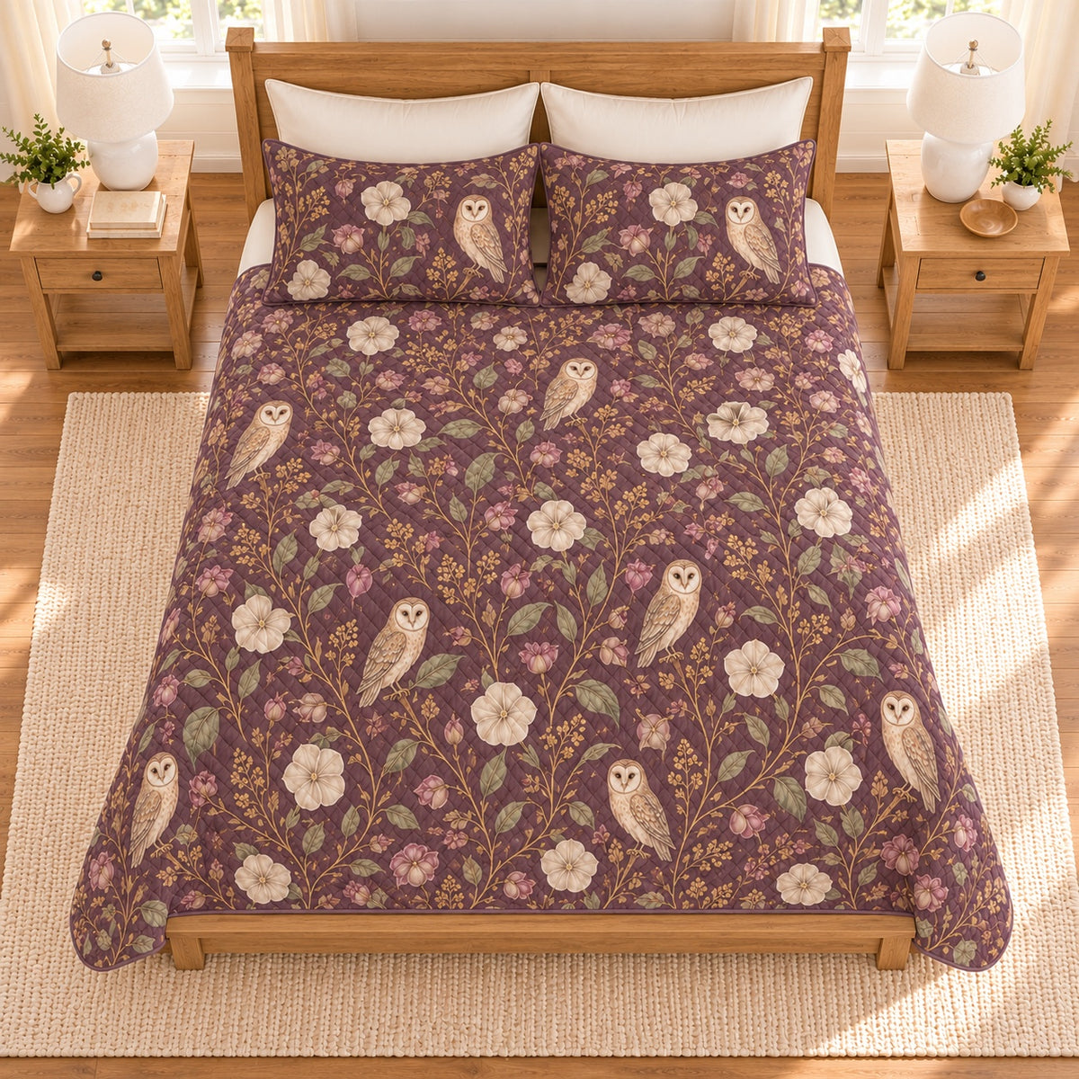 Muted plum barn owl and moonflower quilt set overhead view