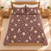 Muted plum barn owl and moonflower quilt set overhead view