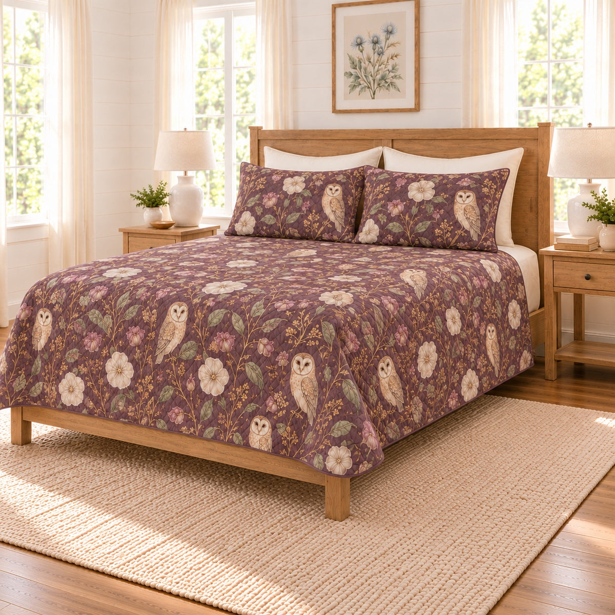 Muted plum barn owl and moonflower quilt set right angle