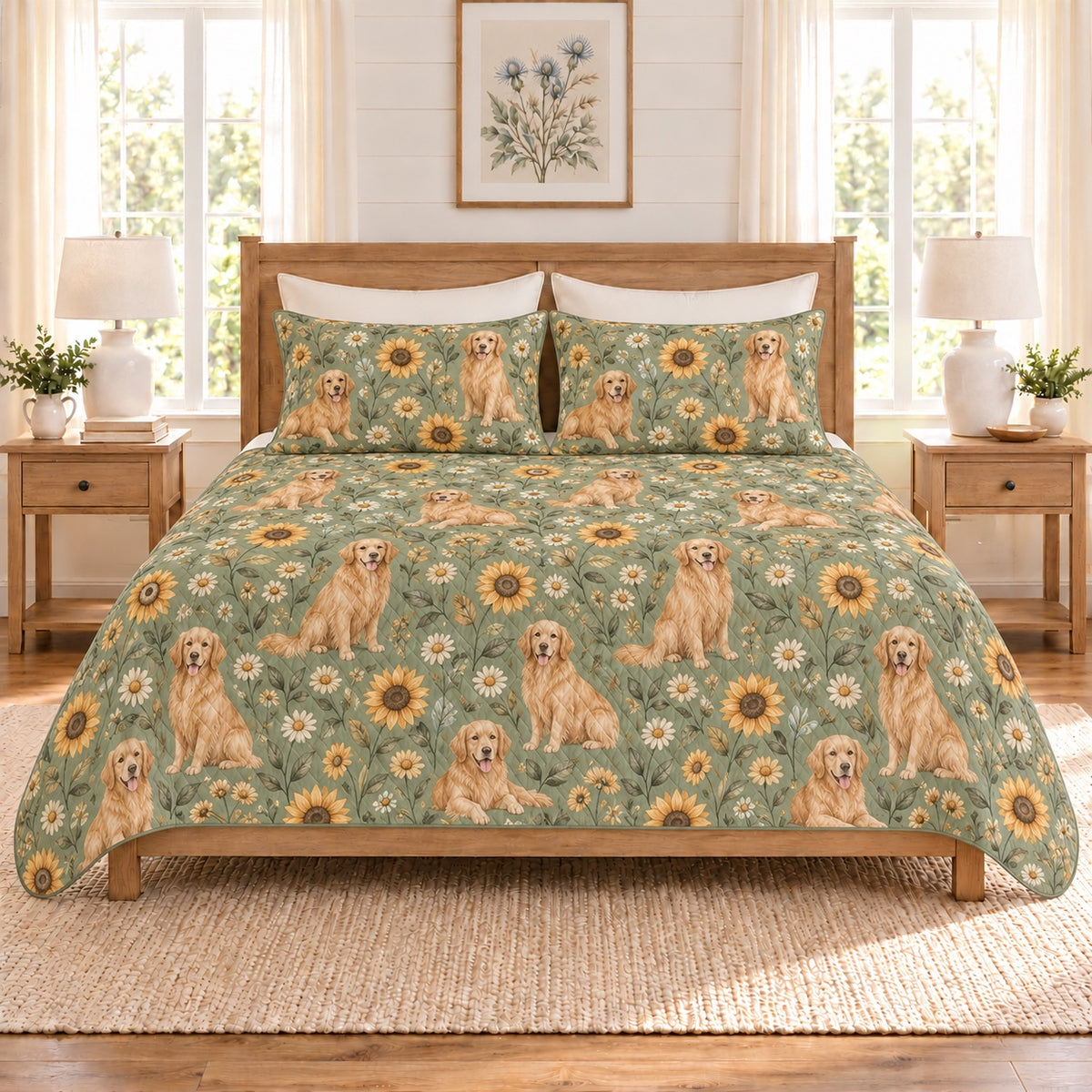 Soft sage golden retriever and sunflower quilt set front view