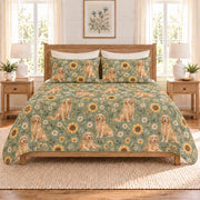 Soft sage golden retriever and sunflower quilt set front view