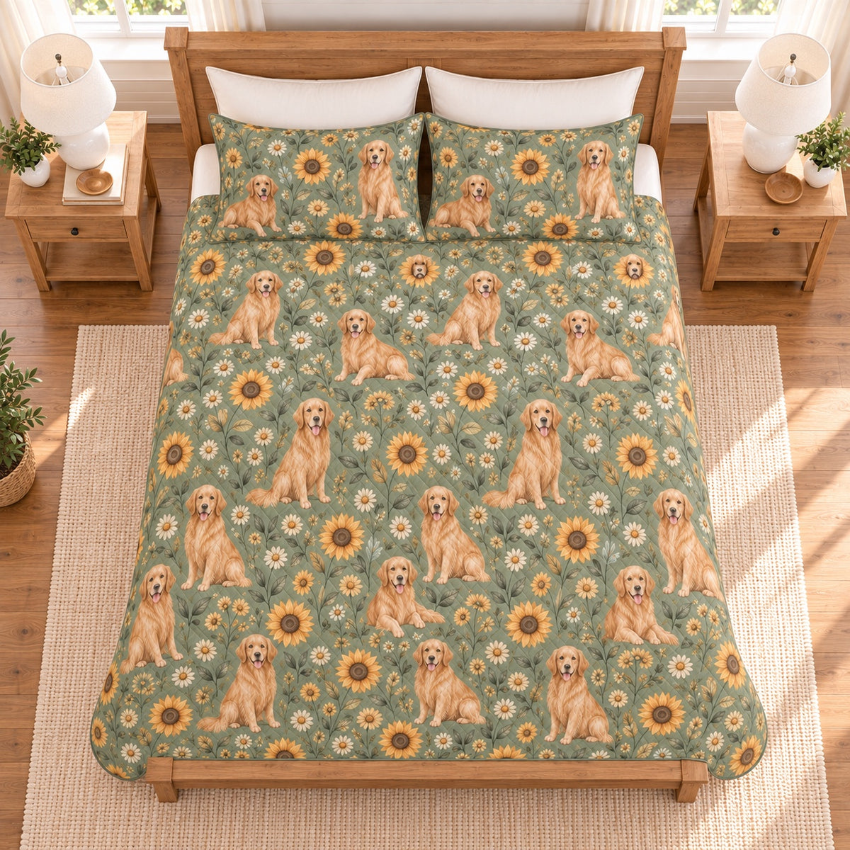 Soft sage golden retriever and sunflower quilt set overhead view