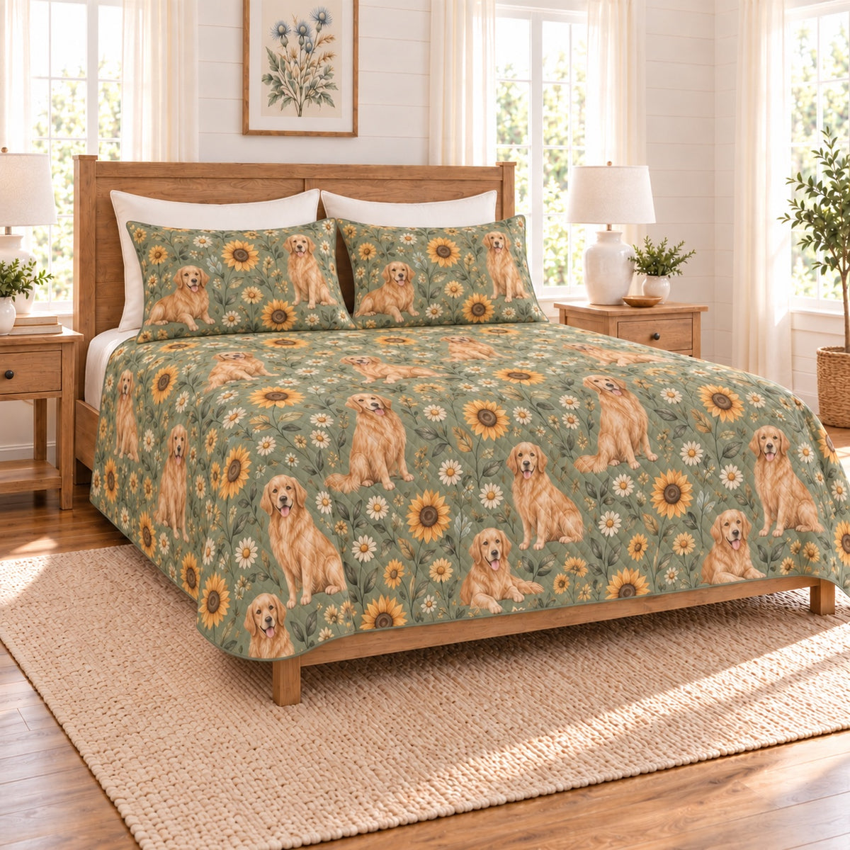 Soft sage golden retriever and sunflower quilt set left angle