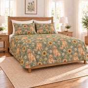 Soft sage golden retriever and sunflower quilt set left angle