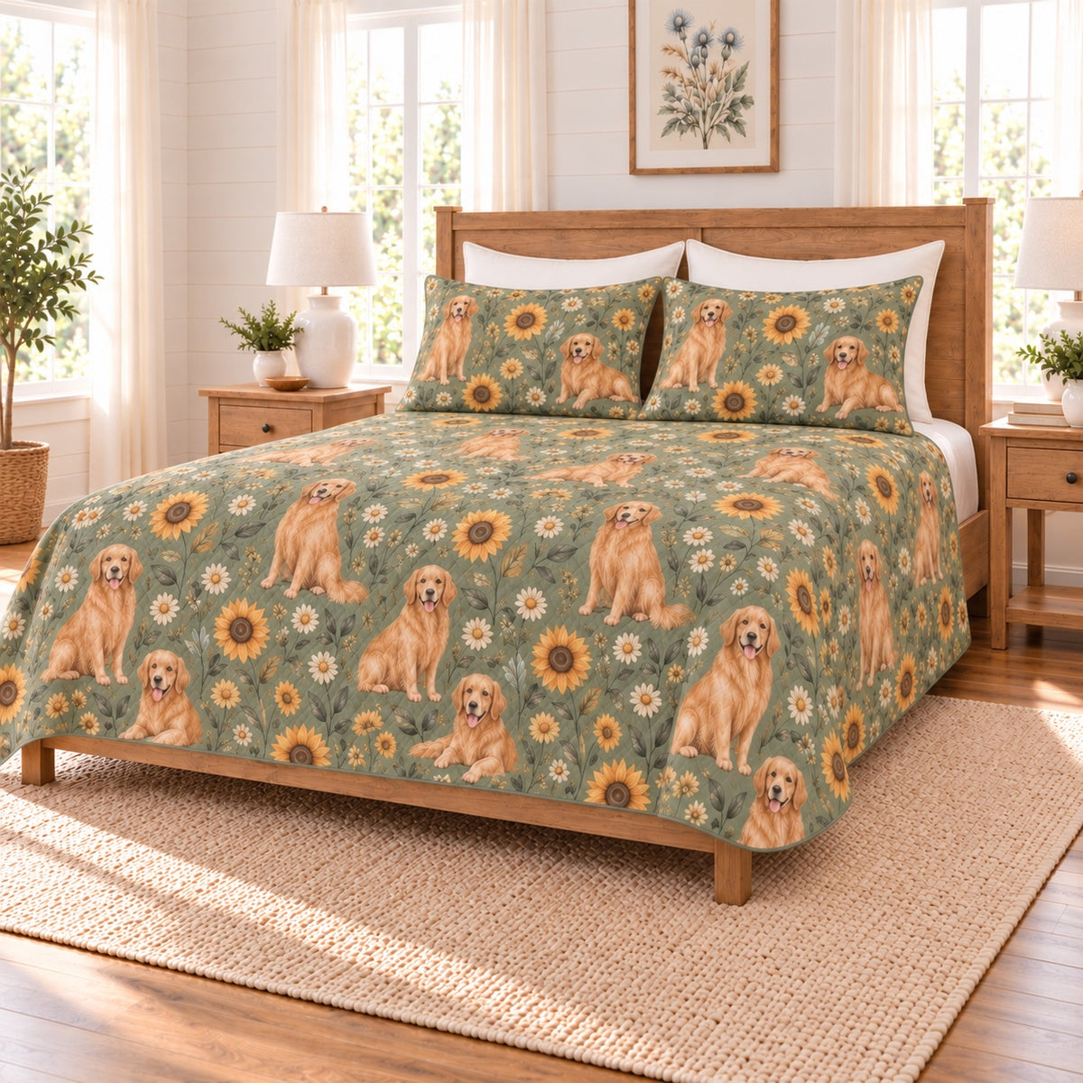 Soft sage golden retriever and sunflower quilt set right angle