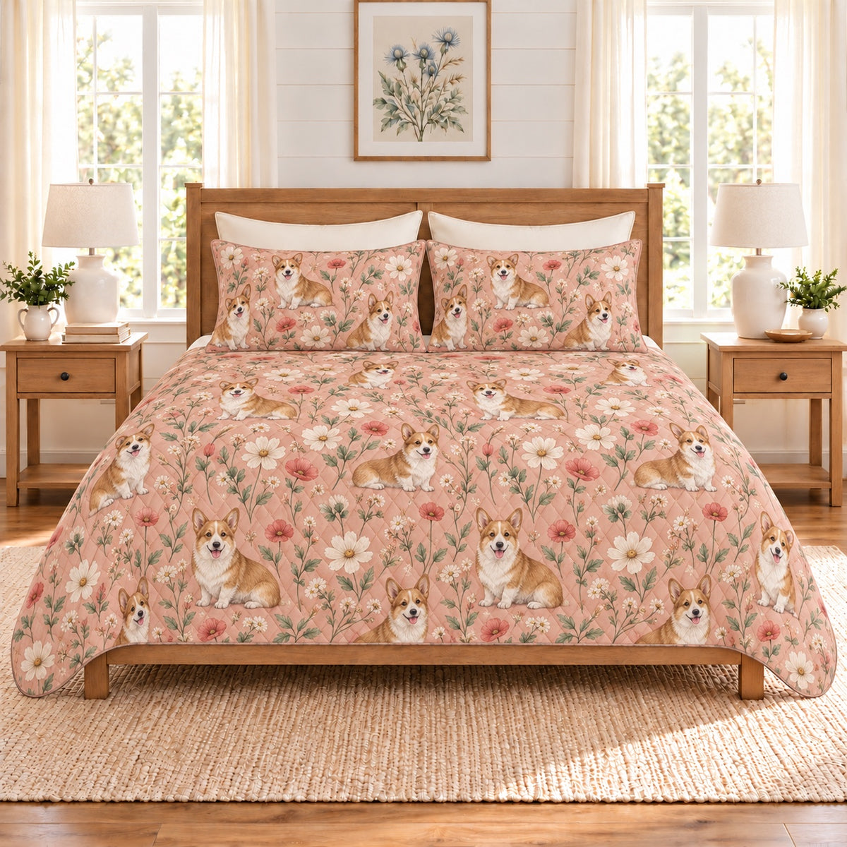 Dusty peach Corgi and wildflower quilt set front view