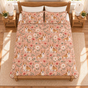 Dusty peach Corgi and wildflower quilt set overhead view