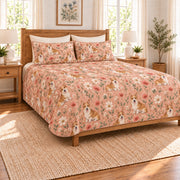 Dusty peach Corgi and wildflower quilt set left angle
