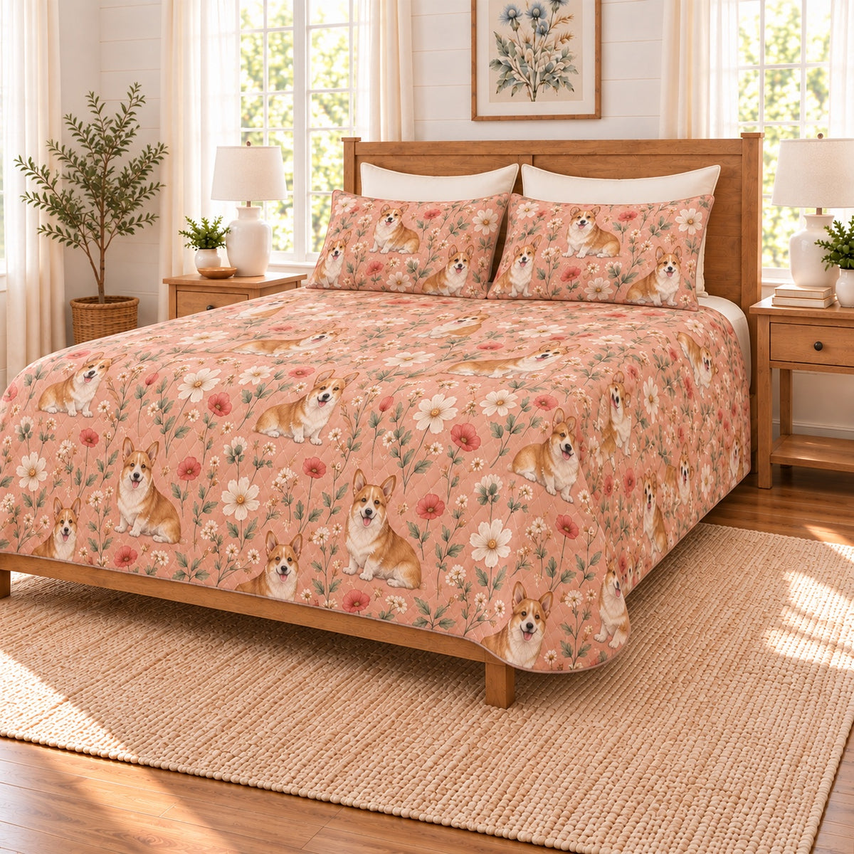 Dusty peach Corgi and wildflower quilt set right angle