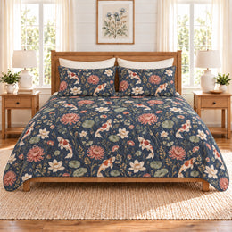 Muted Navy Koi & Chrysanthemum Quilt Set, Gift for Koi Keepers and Gardeners