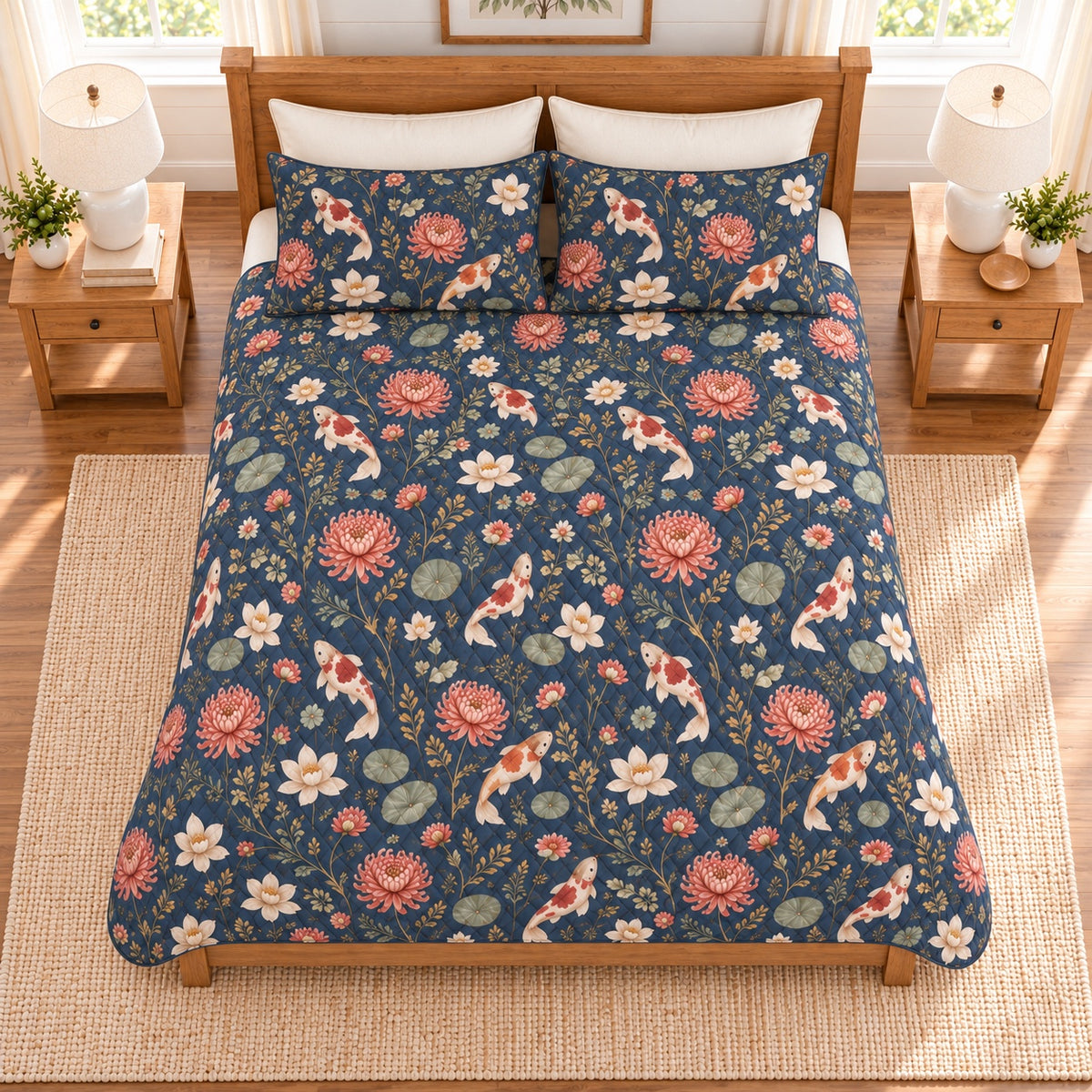 Muted navy Koi and chrysanthemum quilt set overhead view