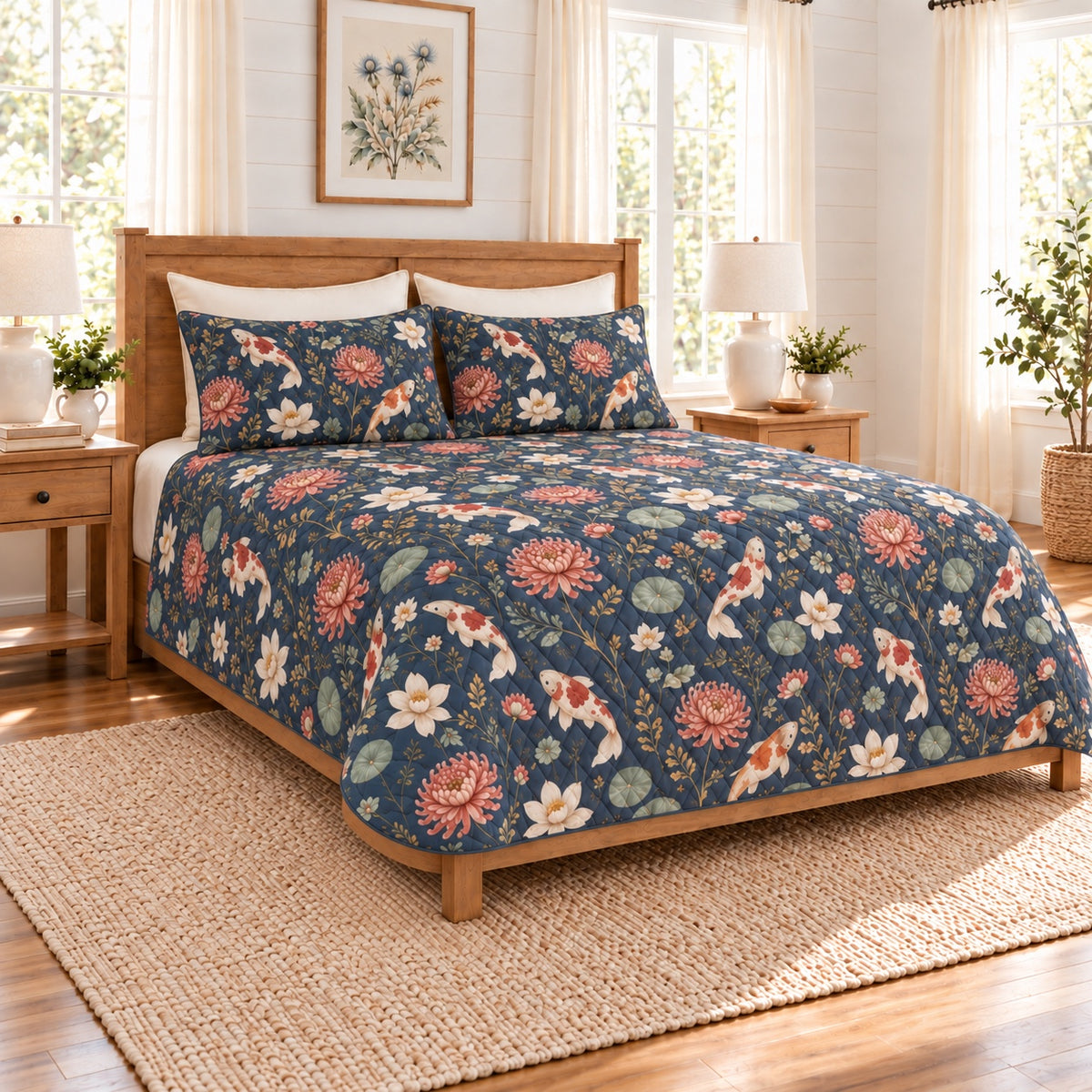 Muted navy Koi and chrysanthemum quilt set left angle