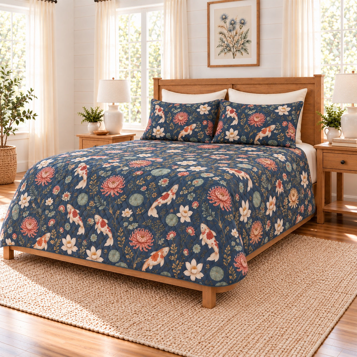 Muted navy Koi and chrysanthemum quilt set right angle