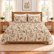 Warm oatmeal Hedgehog and foxglove quilt set front view