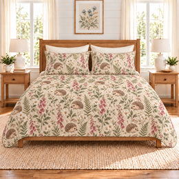 Warm Oatmeal Hedgehog & Foxglove Quilt Set, Gift for Hedgehog and Flower Lovers
