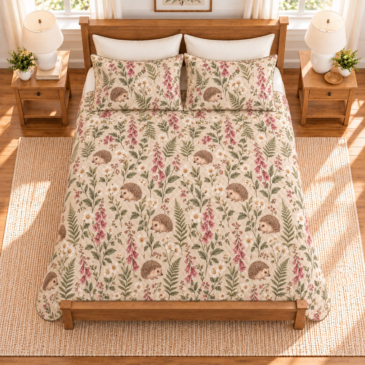 Warm oatmeal Hedgehog and foxglove quilt set overhead view