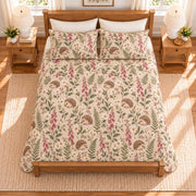 Warm oatmeal Hedgehog and foxglove quilt set overhead view