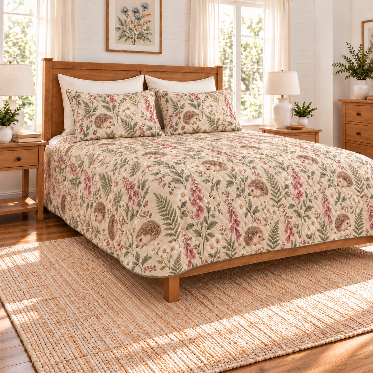 Warm oatmeal Hedgehog and foxglove quilt set left angle