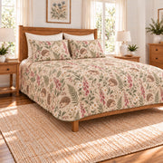 Warm oatmeal Hedgehog and foxglove quilt set left angle