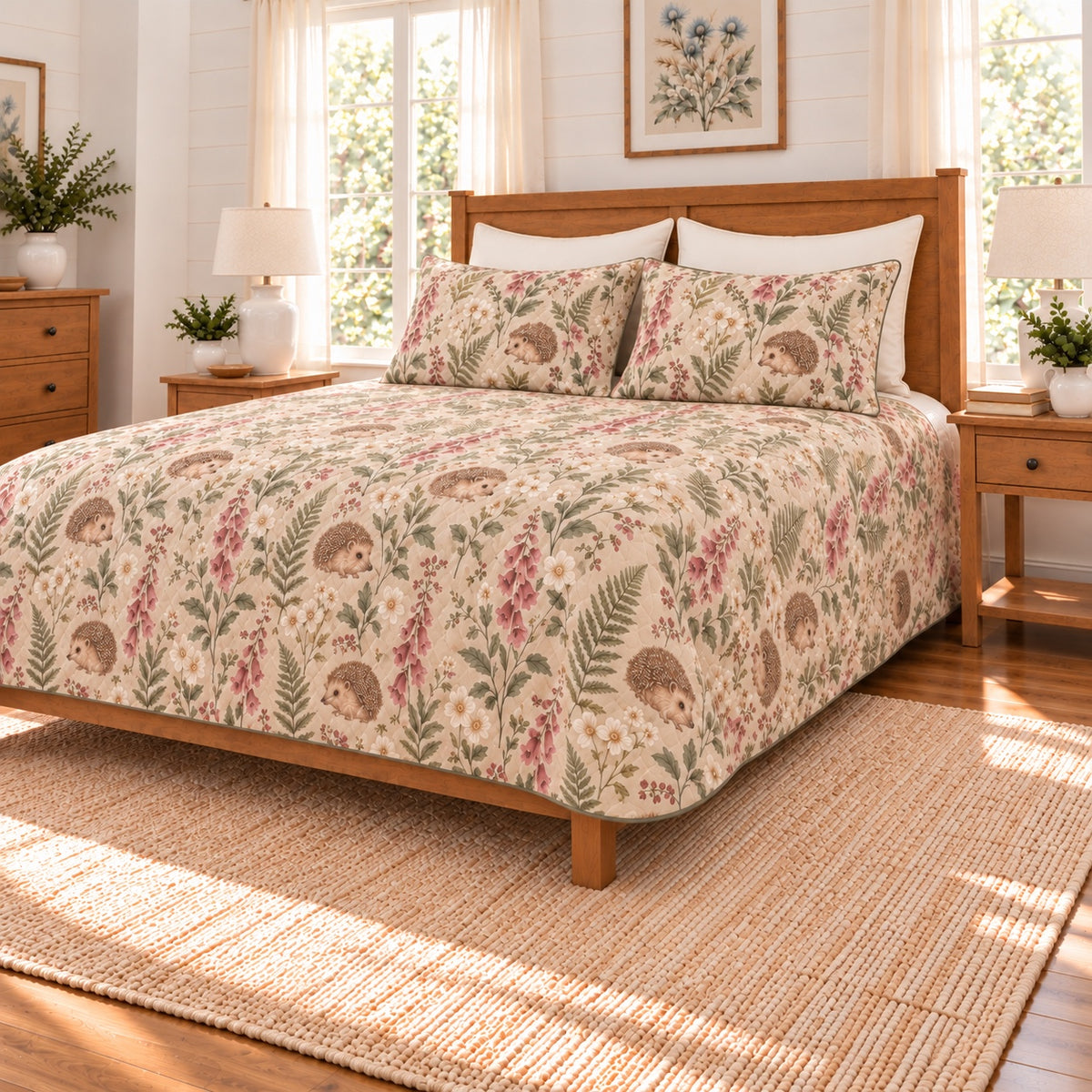 Warm oatmeal Hedgehog and foxglove quilt set right angle