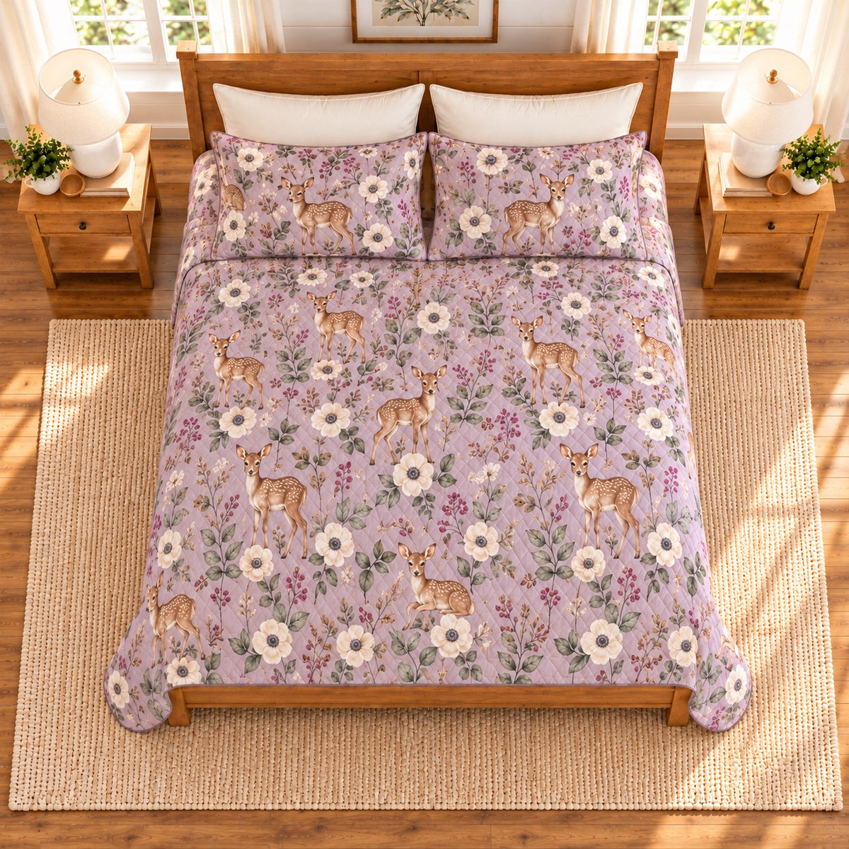 Dusty lavender Fawn and anemone quilt set overhead view