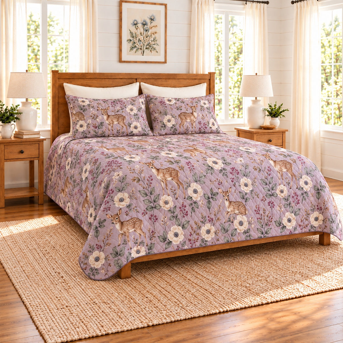 Dusty lavender Fawn and anemone quilt set left angle