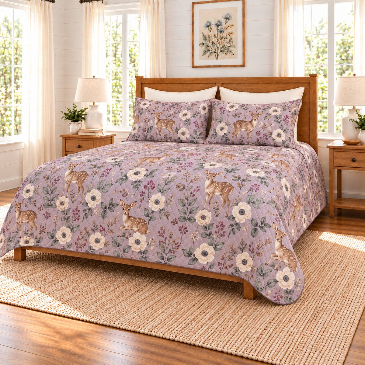 Dusty lavender Fawn and anemone quilt set right angle