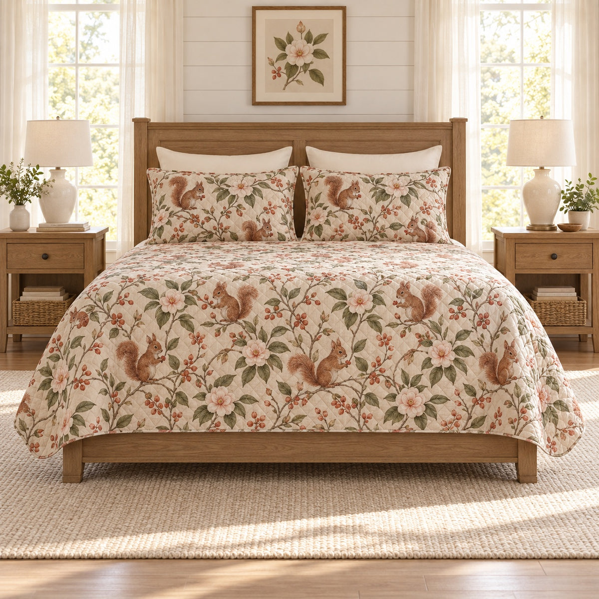 Warm Stone Squirrel and Camellia quilt set front view