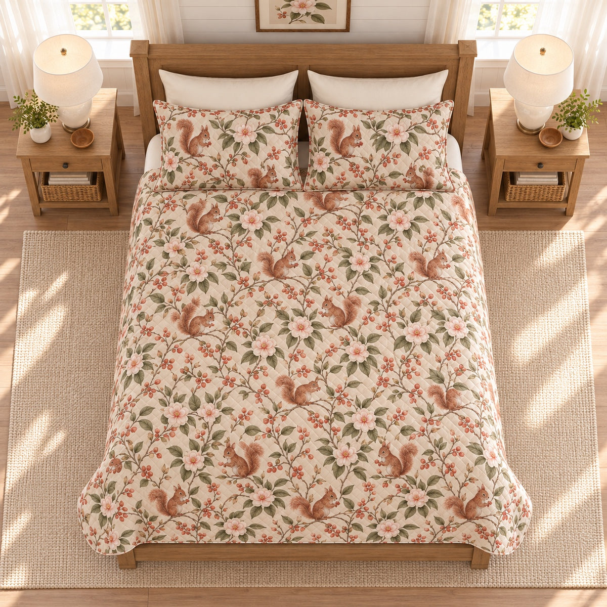 Warm Stone Squirrel and Camellia quilt set overhead view