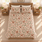 Warm Stone Squirrel and Camellia quilt set overhead view