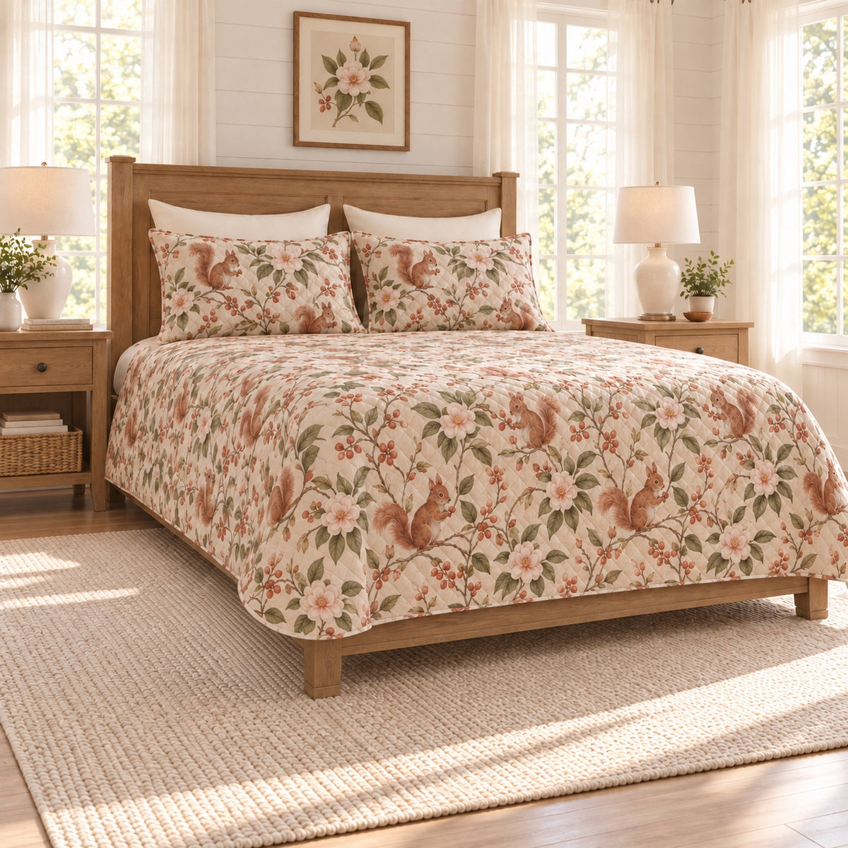 Warm Stone Squirrel and Camellia quilt set left angle view
