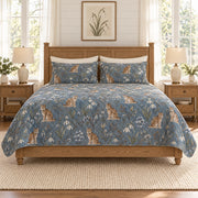 Smoky Blue Eurasian Lynx and Snowdrop quilt set front view