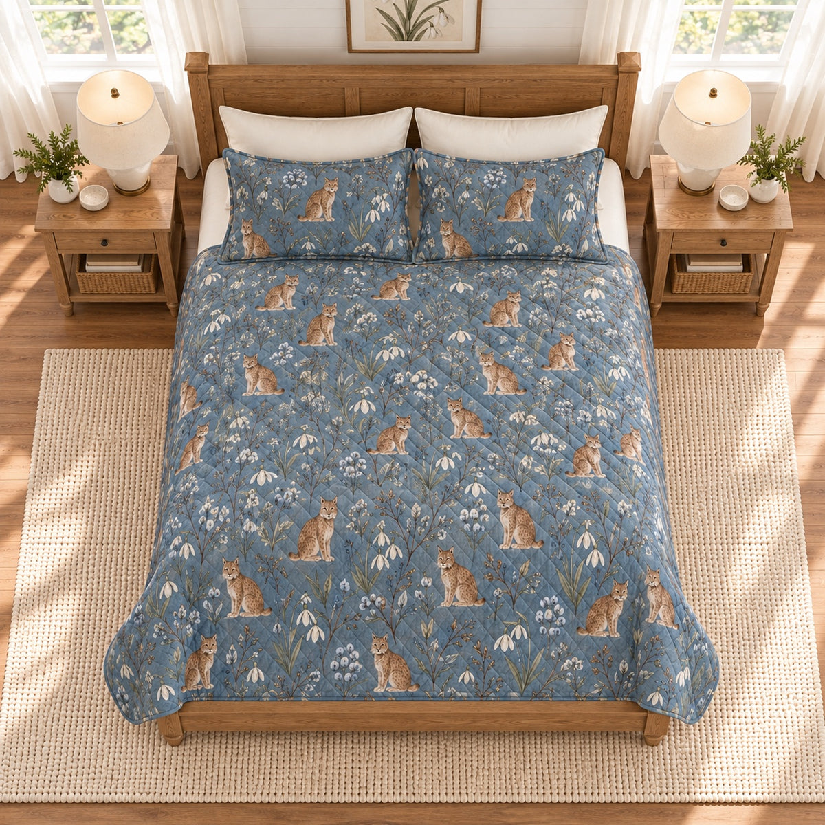 Smoky Blue Eurasian Lynx and Snowdrop quilt set overhead view